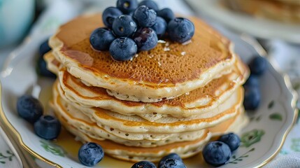 Delicious pancakes with honey and blueberries.
