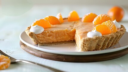 Delicious tangerine cake with cream, on a cookie base.