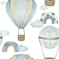 Watercolor baby seamless pattern with hot air balloon,  stars and kite. Hand drawn cute  illustration on white background - 755913301