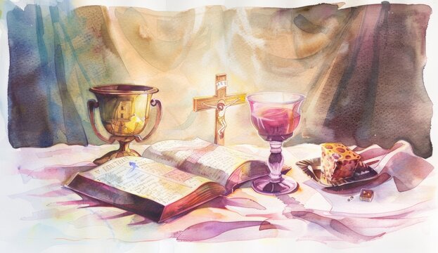 watercolor painting depicting a logo design of a white table cloth with a chalice and bread on it, a bible open to a page Generative AI