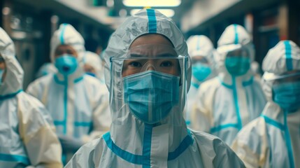 A group of Chinese scientists in biohazard suits. Pandemic, infection, bacteriological threat. - obrazy, fototapety, plakaty