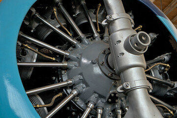 vintage airplane engine detail inside propeller (small antique plane turbine)