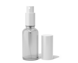 Blank white clear glass cosmetic spray bottle Isolated On Transparent Background. cosmetic packaging. 3D Render.