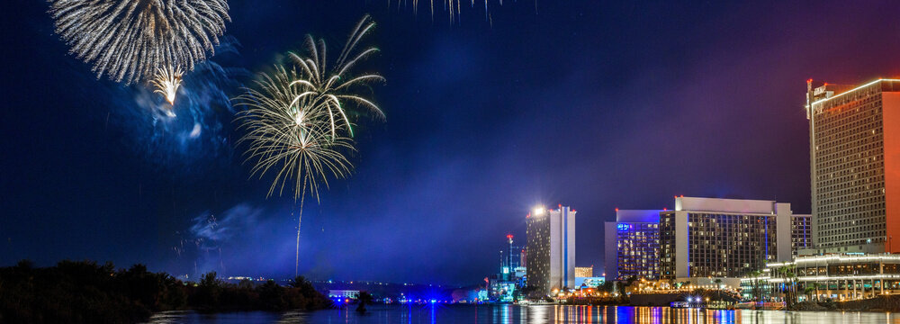 Spectacular Celebration: 4K Ultra HD Image of Fireworks and Reflection on Colorado River at Laughlin, Nevada, USA