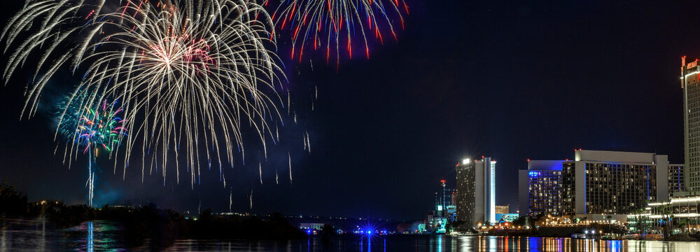 Spectacular Celebration: 4K Ultra HD Image of Fireworks and Reflection on Colorado River at Laughlin, Nevada, USA
