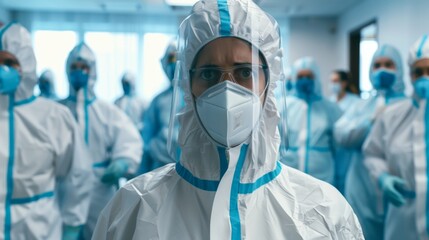 female doctor in a biological protection suit. Pandemic, infection, bacteriological threat. - obrazy, fototapety, plakaty
