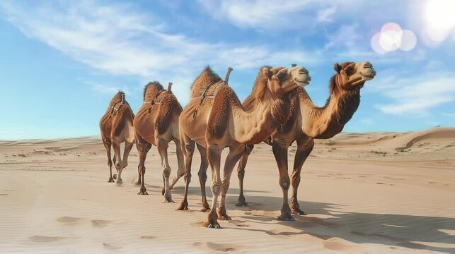 a group of tough camels walking through the desert. seamless looping time-lapse virtual 4k video Animation Background.
