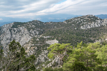 The scenic view of Termessos ancient city and the theater from Güllük Mountain, Antalya, Turkey