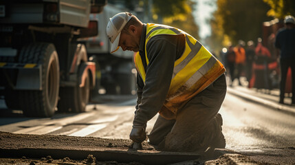 A man in a hard hat patches up potholes on the road with asphalt, ensuring smooth and safe travel for drivers. - obrazy, fototapety, plakaty