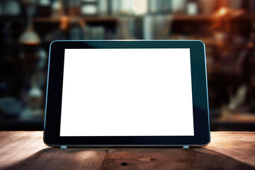 Tablet mockup with a blank screen, placed on a wooden table, illuminated by warm, ambient light from the surroundings, blurred background