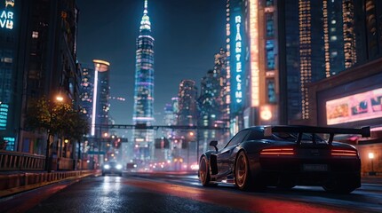 Fototapeta na wymiar Computer games about racing in the night city, screensaver.