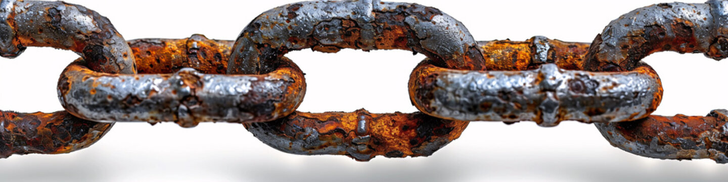Close up of seamless old rusty chain isolated on white background