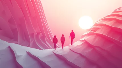 Fototapeten A lone figure in red walks amidst surreal, pink and white snowy mountains © RuslanWowAI