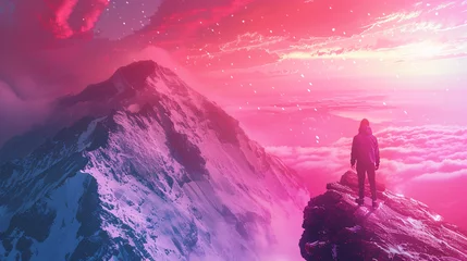 Cercles muraux Rose  A lone figure in red walks amidst surreal, pink and white snowy mountains