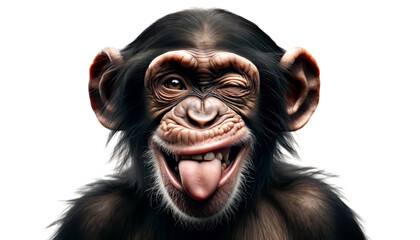 funny chimpanzee sticking out its tongue, making a playful expression. Playful Chimpanzee Making Faces, winking and sticking out the tongue as a funny gesture of a joke
