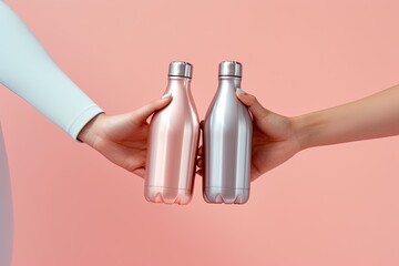 Hands presenting two stainless steel bottles, one pink and one silver, against a soft pink background