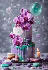big cake with orchids and macaroons