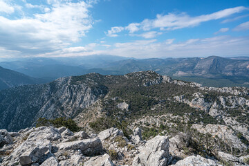 The scenic view of Termessos ancient city and the theater from Güllük Mountain, Antalya, Turkey
