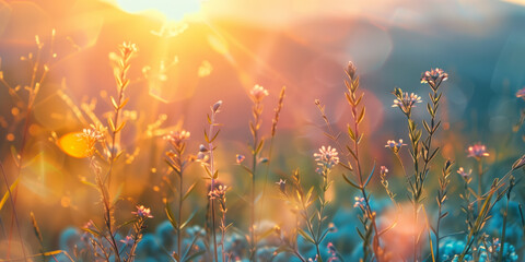 Meadow landscape with herbs close ups at sunrise - AI Generated