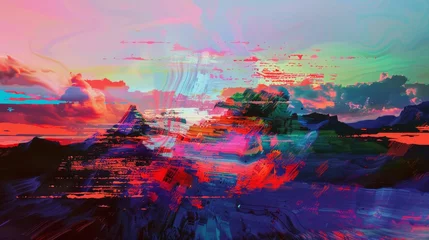 Photo sur Plexiglas Rose clair Abstract Digital Landscape: Vibrant Colors Depicting Mountains and Sky