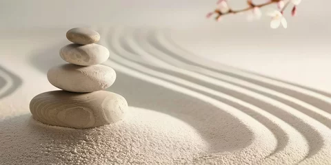 Zelfklevend Fotobehang Stenen in het zand Zen garden with sand and stacked stones - AI Generated