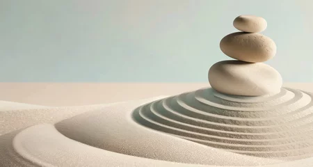 Tuinposter Zen garden with sand and stacked stones - AI Generated © mbruxelle
