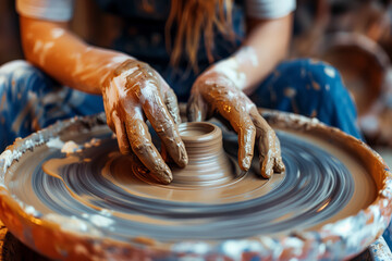 Closeup of hands throwing pottery on the potter's wheel - AI Generated