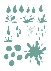 Water drops of different shapes, splashes set. Liquid droplets isolated on white background. Vector illustration.