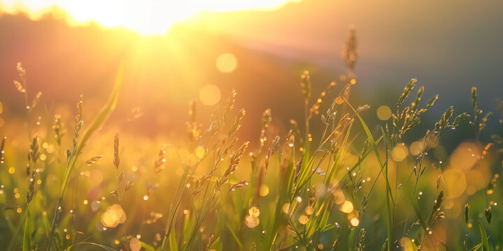Fototapeta Meadow landscape with herbs close ups at sunrise - AI Generated