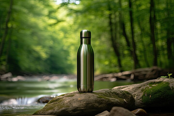 Steel water bottle sits atop a moss covered rock by a tranquil forest stream, emphasizing eco friendliness and outdoor adventure