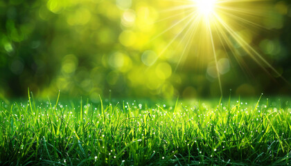 Sunbeams pierce through the fresh morning air, casting light on dew-speckled grass, evoking a new day's serene beginning.