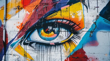 Vibrant Graffiti Art of an Eye Amidst Colorful Abstract Paint Splashes on Urban Wall