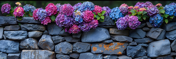 Hydrangea is colourful in New England in summer,
view of pink and blue blooming hydrangea in a flower bed - obrazy, fototapety, plakaty