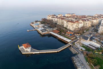 Historical Moda Pier. Moda neighbourhood of Kadikoy, Istanbul, Turkey. Beautiful aerial view. Drone shot. - 755916366