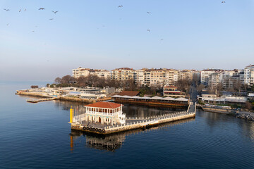 Historical Moda Pier. Moda neighbourhood of Kadikoy, Istanbul, Turkey. Beautiful aerial view. Drone shot. - 755916539