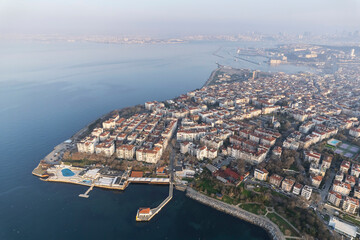 Historical Moda Pier. Moda neighbourhood of Kadikoy, Istanbul, Turkey. Beautiful aerial view. Drone shot. - 755916541