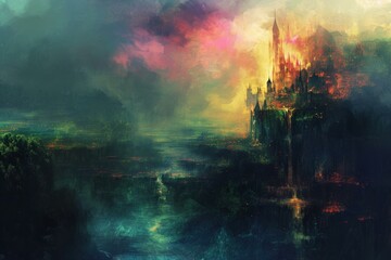 Fantasy landscape. Color sky horizon. Generate Ai