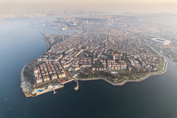 Historical Moda Pier. Moda neighbourhood of Kadikoy, Istanbul, Turkey. Beautiful aerial view. Drone shot. - 755916589