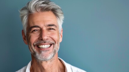 Obraz premium A middle-aged man with gray hair on a blue background with a pleasant smile. Health and beauty, healthy teeth.