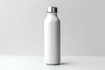 White stainless steel water bottle mockup stands prominently against a clean, minimalist grey background, perfect for branding and design showcases