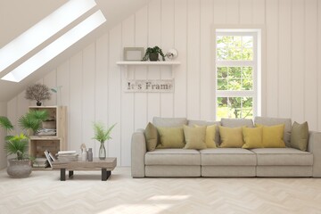 White living room with sofa and summer landscape in window. Scandinavian interior design. 3D illustration