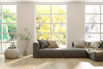 White living room with sofa with summer, winter and autumn landscapes in big windows. 3D illustration