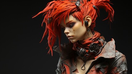 a 3d red hair punk Character in black background