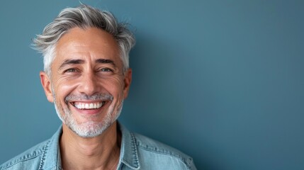 A middle-aged man with gray hair on a blue background with a pleasant smile. Health and beauty, healthy teeth. - Powered by Adobe