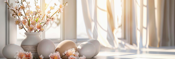 Easter. Eggs in sunlight near vase with fresh beautiful flowering branches on background of window with tulle. Delicate light background with copy space. Banner