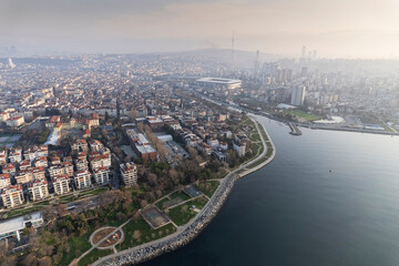Historical Moda Pier. Moda neighbourhood of Kadikoy, Istanbul, Turkey. Beautiful aerial view. Drone shot. - 755916966