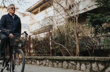 Obraz premium An elderly gentleman cycling through a serene urban park, exuding tranquility and active lifestyle vibes. A leisurely day outdoors.