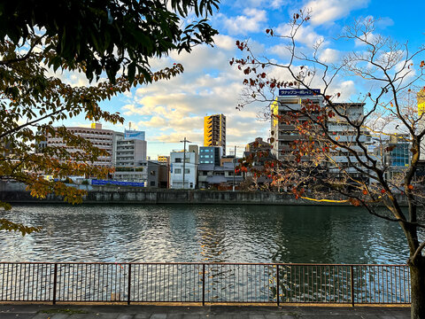 Osaka, Japan - 14.11.2023. Neya riverside view from Shiromi, Chuo Ward towards Katamachi. Autumn in Osaka, Japan.