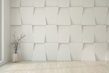 White empty room with decorated wall and home decor. Scandinavian interior design. 3D illustration