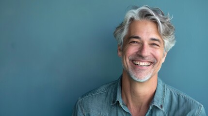 A middle-aged man with gray hair on a blue background with a pleasant smile. Health and beauty, healthy teeth.